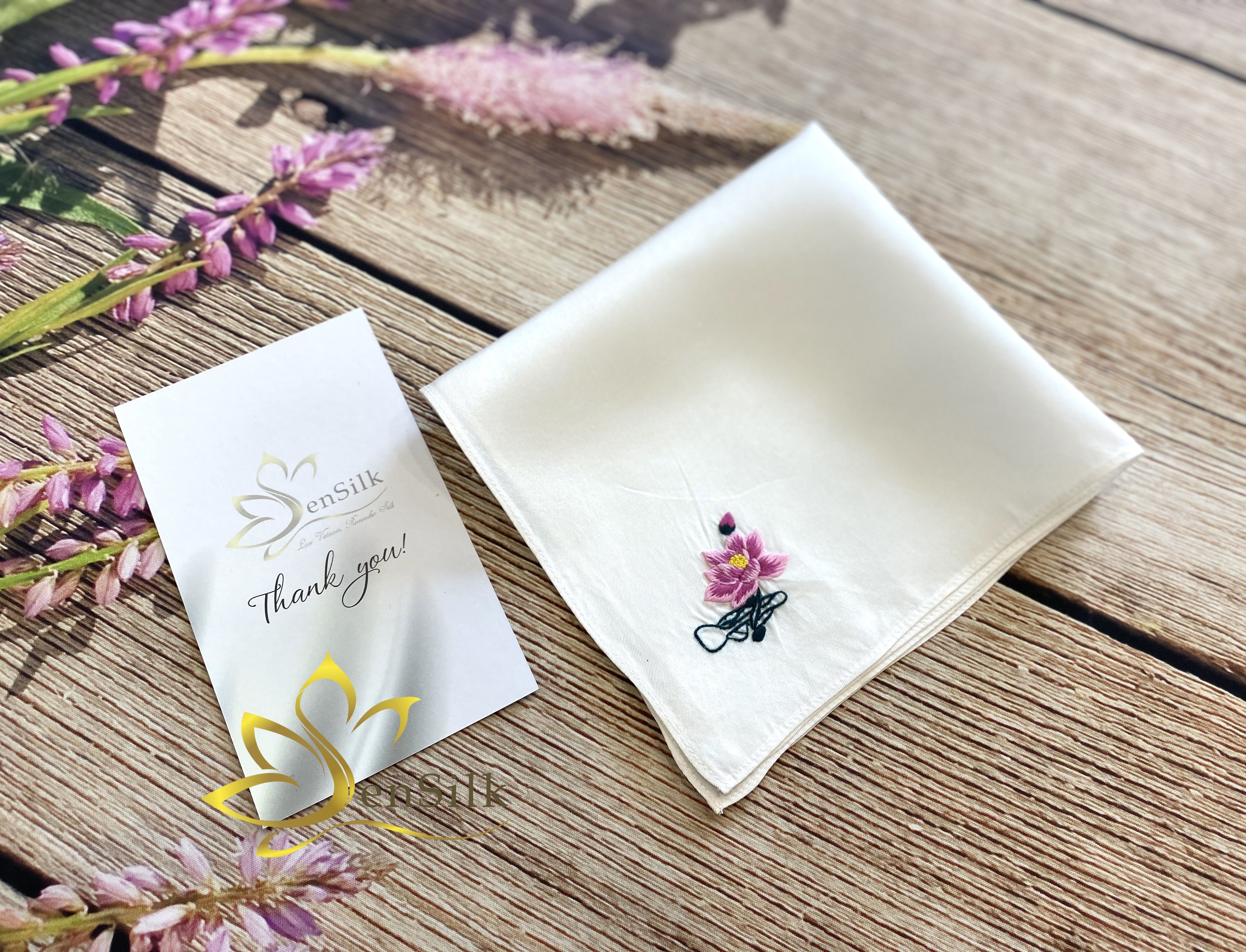 Khăn Tay Lụa Thêu Hoa Sen (Trắng) - SenSilk Lotus Hand-Embroidered Handkerchief