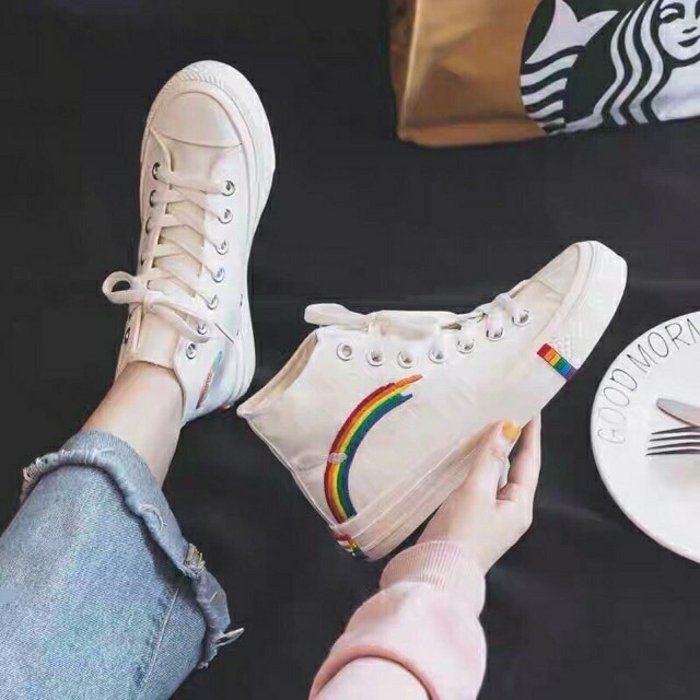 Giày thể thao Sneaker hình cầu vồng cổ cao cá tính dáng Converse cho Nữ Size 36-39, màu đen và trắng