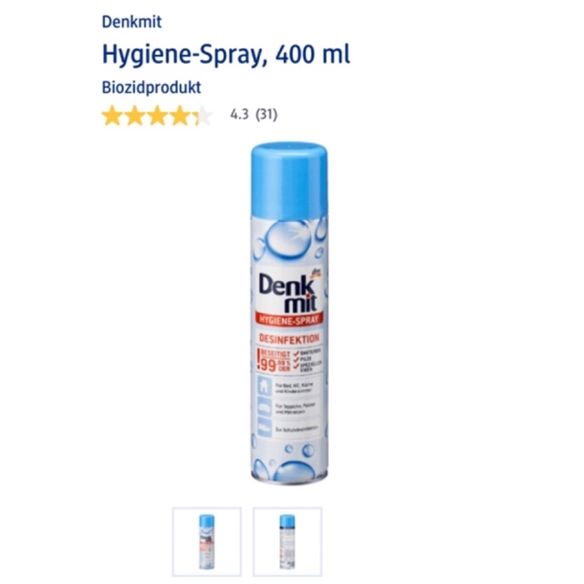 Xịt kháng khuẩn, khử trùng và làm sạch không khí Denkmit Hygiene-Spray, 400 ml