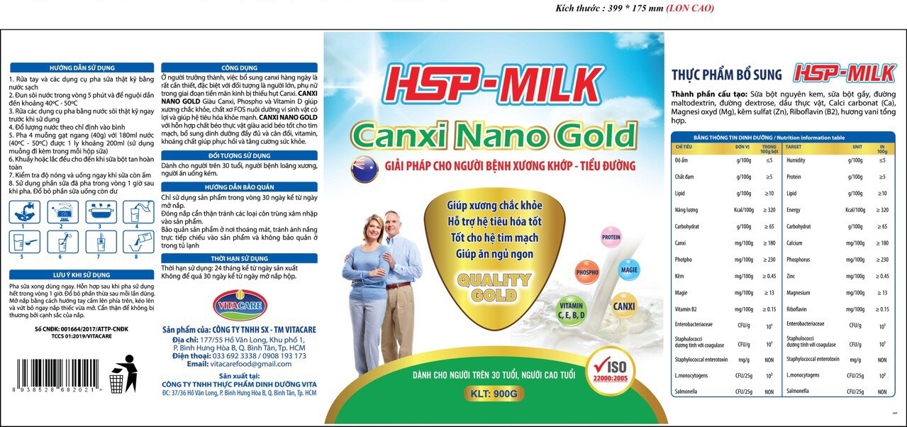 Sữa bột HSP Canxi Nano Gold cho người bệnh xương khớp, tiểu đường (hộp 900g)