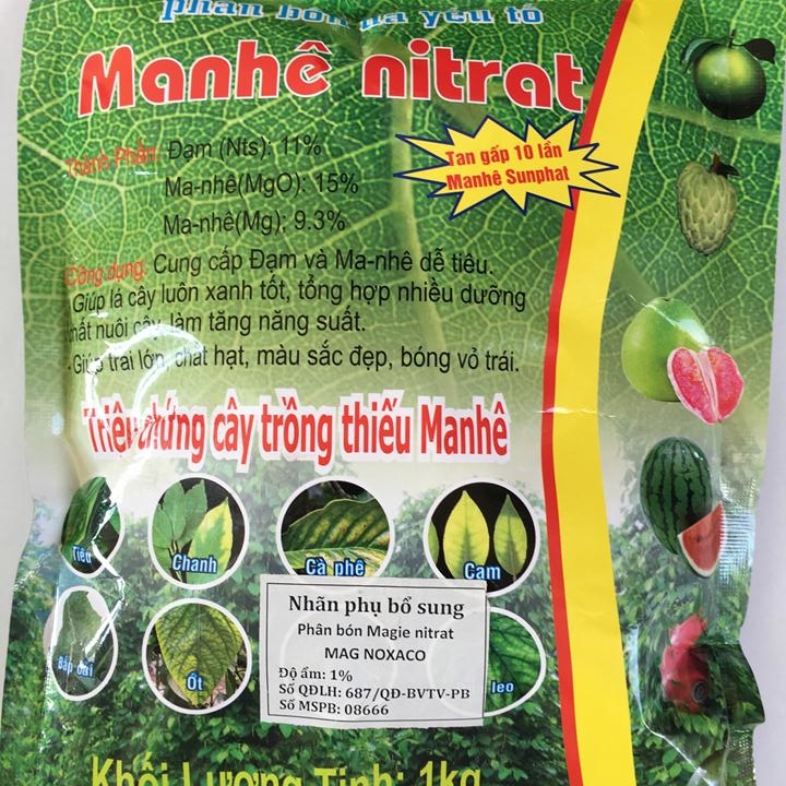 Phân bón Manhê Nitrat gói 1kg giúp lá cây luôn xanh tốt, tổng hợp nhiều dưỡng chất nuôi cây, làm tăng năng suất.
