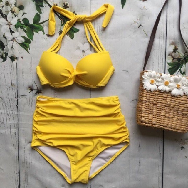 Bikini hai mảnh áo xoắn ngực quần dúm cạp cao mặc đi biển đẹp- Màu vàng