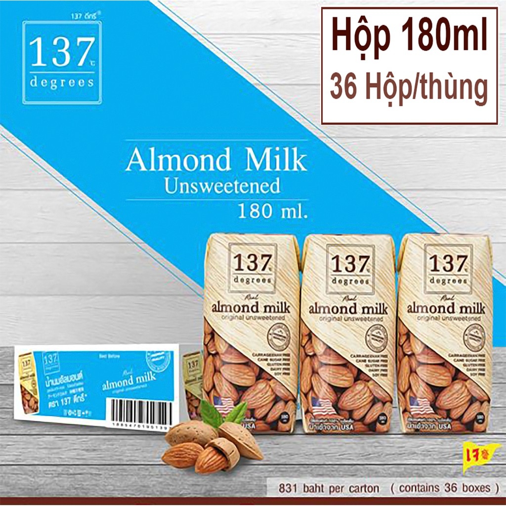 Thùng sữa Sữa Hạt HẠNH NHÂN Nguyên Chất không ngọt - 36 hộp 180ml