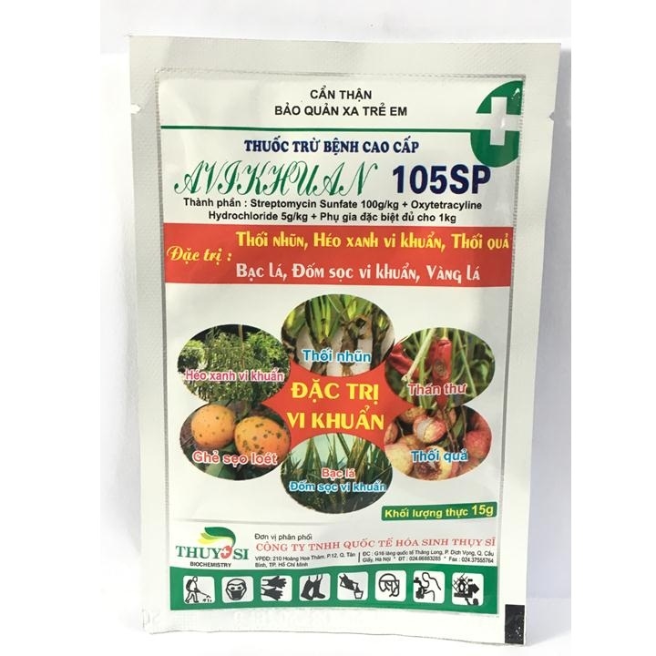 Chế phẩm trừ nấm bệnh cây trồng AVKHUAN 105SP gói 15g, chuyên trị các bệnh do vi khuẩn gây ra cho cây trồng.