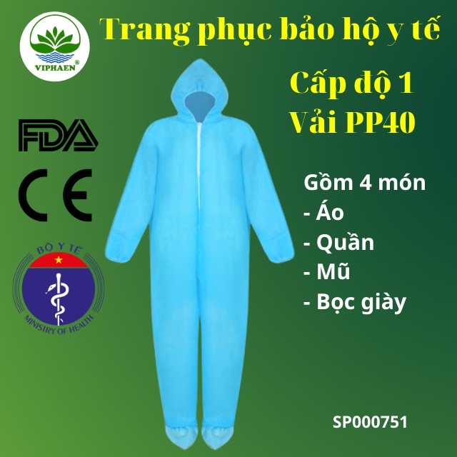[Kiểm định Bộ y tế] Trang phục bảo hộ y tế cấp độ 1 vải PP40 (4 món), Bộ phòng dịch, chống độc