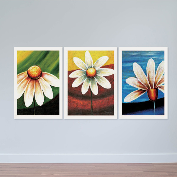 Bộ 3 tranh sơn dầu “Cúc họa mi” | Tranh trang trí chu đề hoa lá W3652