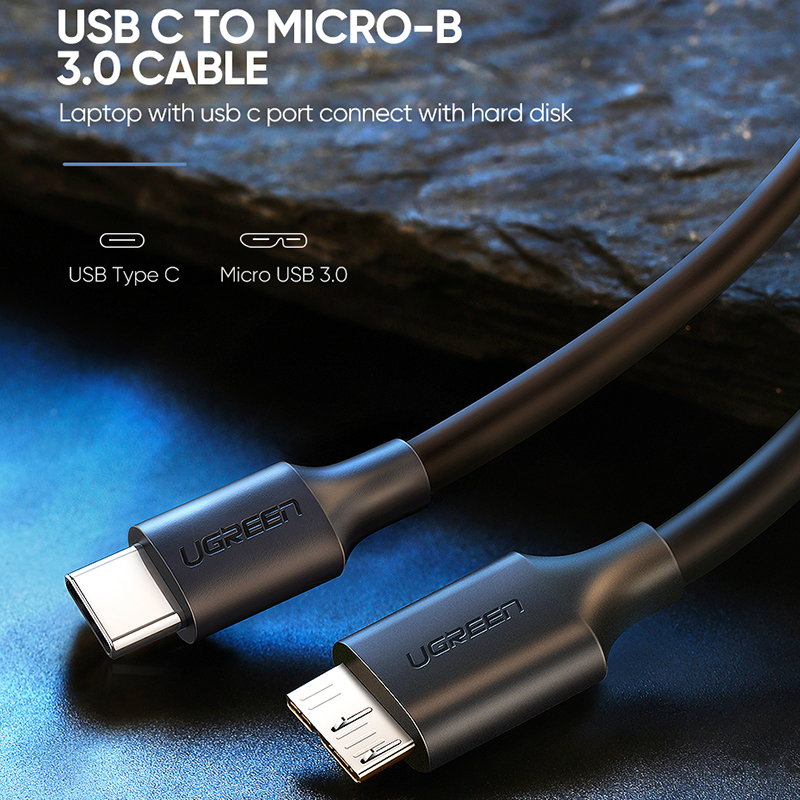 Dây cáp chuyển USB-C 3.1 gen1 Thunderbolt 3 ra USB 3.0 Micro B cắm dữ liệu cho ổ cứng di động vào Laptop Macbook PC Smartphone 1 mét Ugreen 20103