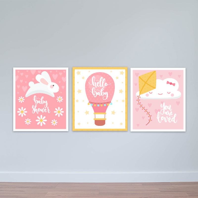 Bộ 3 tranh cho trẻ em “Hello baby” tông màu hồng | Tranh phòng em bé W3390