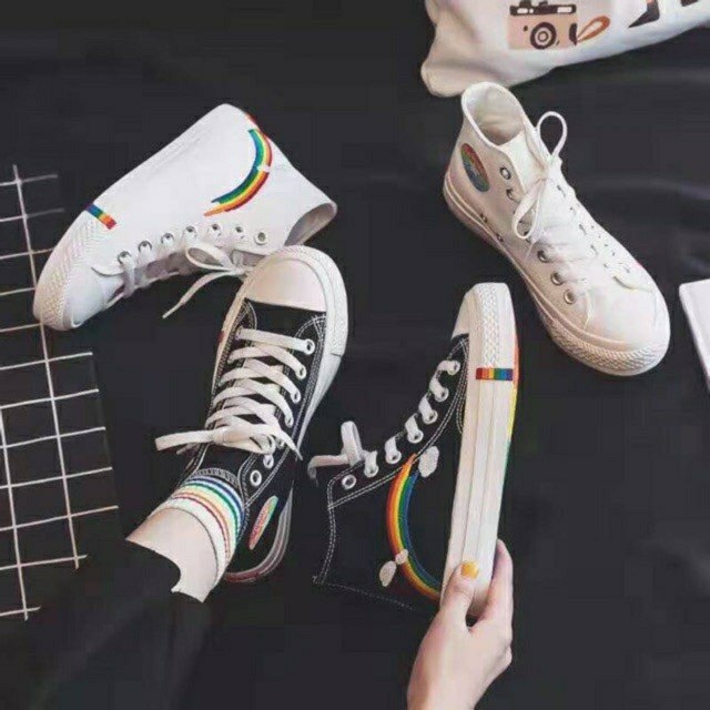 Giày thể thao Sneaker hình cầu vồng cổ cao cá tính dáng Converse cho Nữ Size 36-39, màu đen và trắng