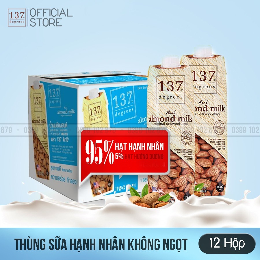 Thùng Sữa hạt 137 DEGREES hạnh nhân nguyên chất không ngọt -  hộp 1L