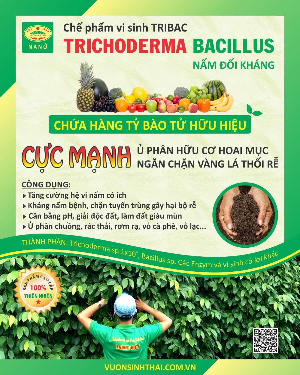 Nấm đối kháng Trichoderma Bacillus cực mạnh. Ngăn chặn tuyến trùng nấm bệnh gây vàng lá thối rễ. Ủ phân chuồng hoai mục