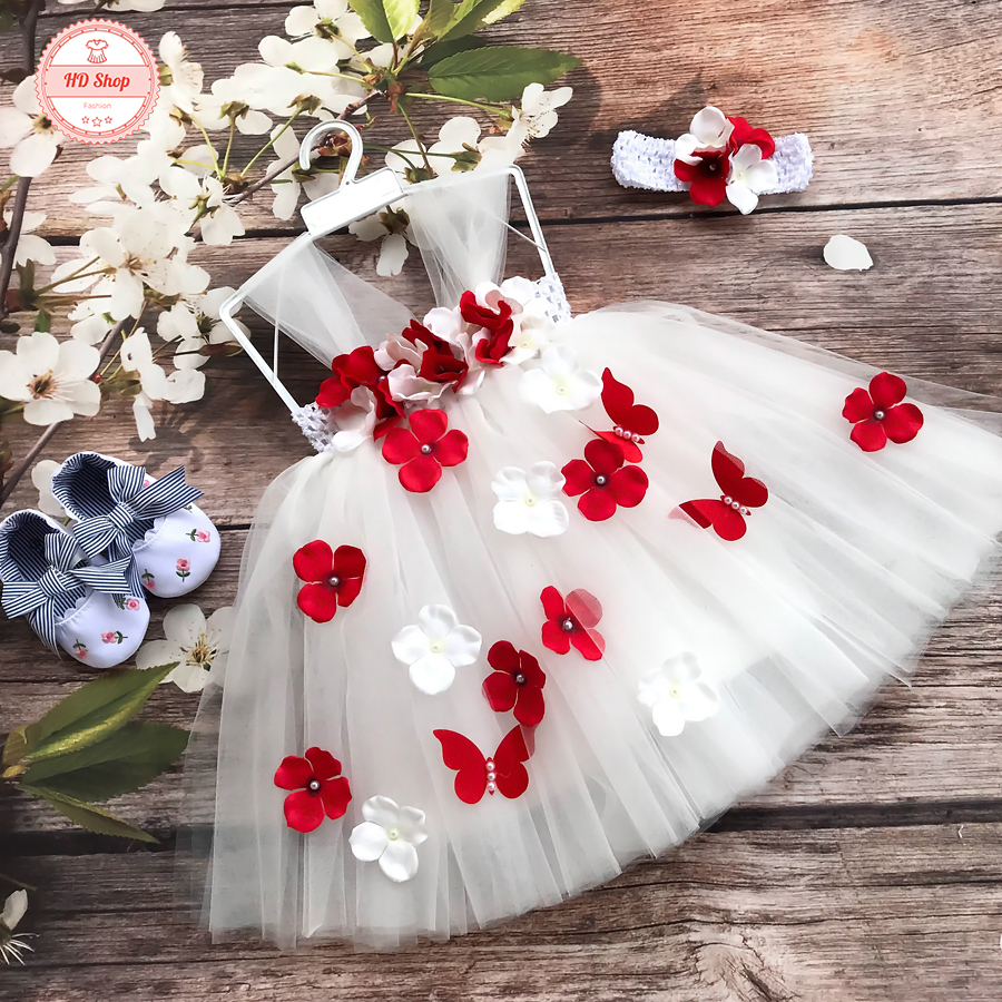 Váy công chúa trắng hoa tú cầu cho bé gái 1 tuổi