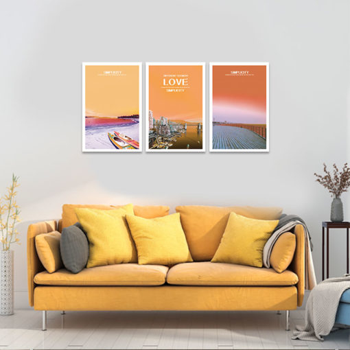 Bộ 3 tranh treo tường phòng khách “Thành phố biển tông màu cam” | Tranh trang trí hiện đại W3443
