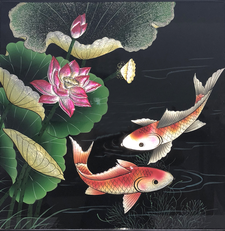 Tranh Sơn Mài Hoa Sen - Cá Chép Vẽ Đắp Nổi N2 - 40x40cm