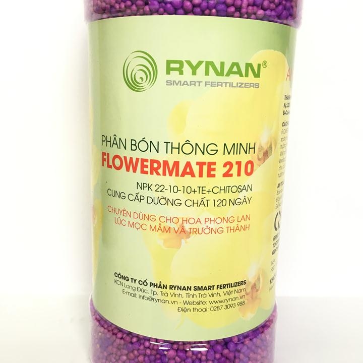 Phân tan chậm thông minh Rynan Flowermate 210 NPK 22-10-10 TE hũ 1,36 kg chuyên dùng cho phong lan sau ra hoa