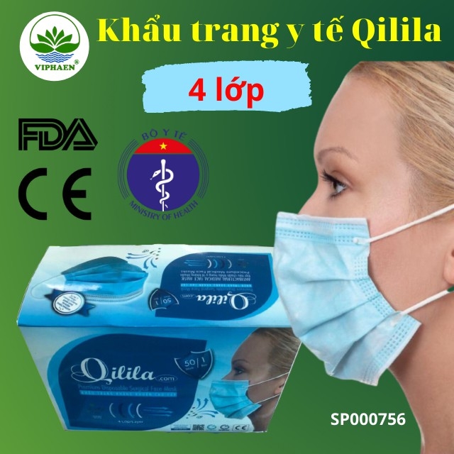 [Chuẩn Bộ y tế, FDA, CE] Khẩu trang y tế 4 lớp QILILA, Khẩu trang kháng khuẩn phòng dịch (Hộp 50 cái)