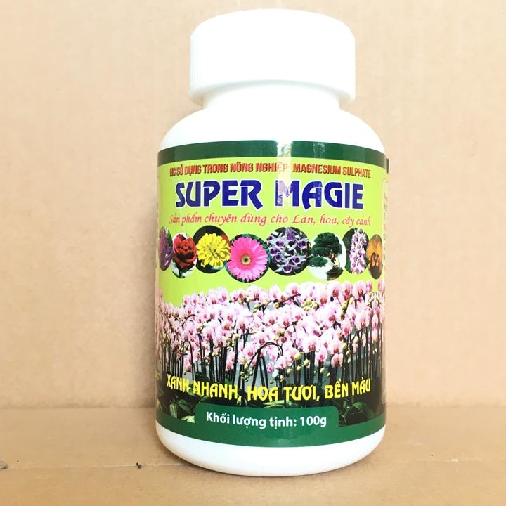 Phân bón Super Magie - Magnesium sunphat hũ 100g, giúp cây xanh nhanh, hoa tươi, bền màu, sản phẩm chuyên dùng cho hoa lan, cây cảnh.