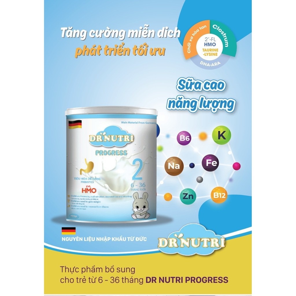 Sữa bột dinh dưỡng cao năng lượng phát triển cân nặng và trí não Dr Nutri Progress 900g (6 – 36 tháng)
