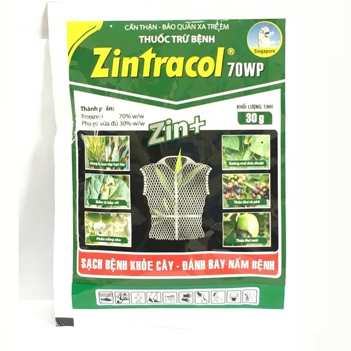 Chế phẩm trừ nấm bệnh cho cây trồng Zintracol 70wp gói 30g, đặc hiệu trị thán thư, phấn trắng, sương mai