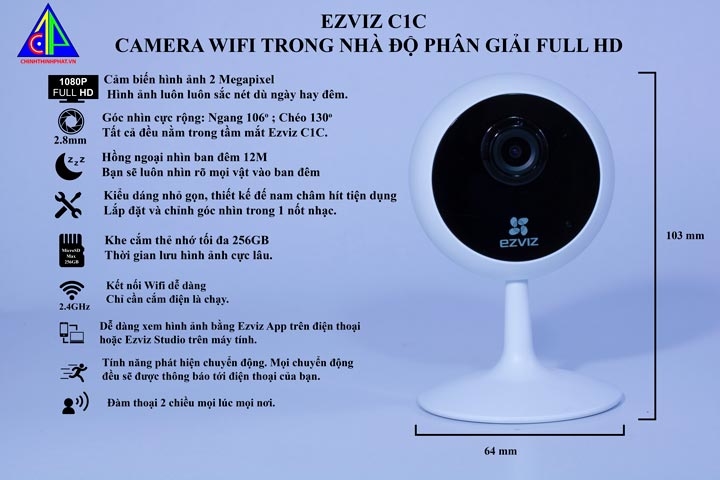 Camera IP Wifi Ezviz C1C 2MP 1080P Full HD- Kèm thẻ nhớ 32GB- CHÍNH HÃNG-BẢO HÀNH 24T