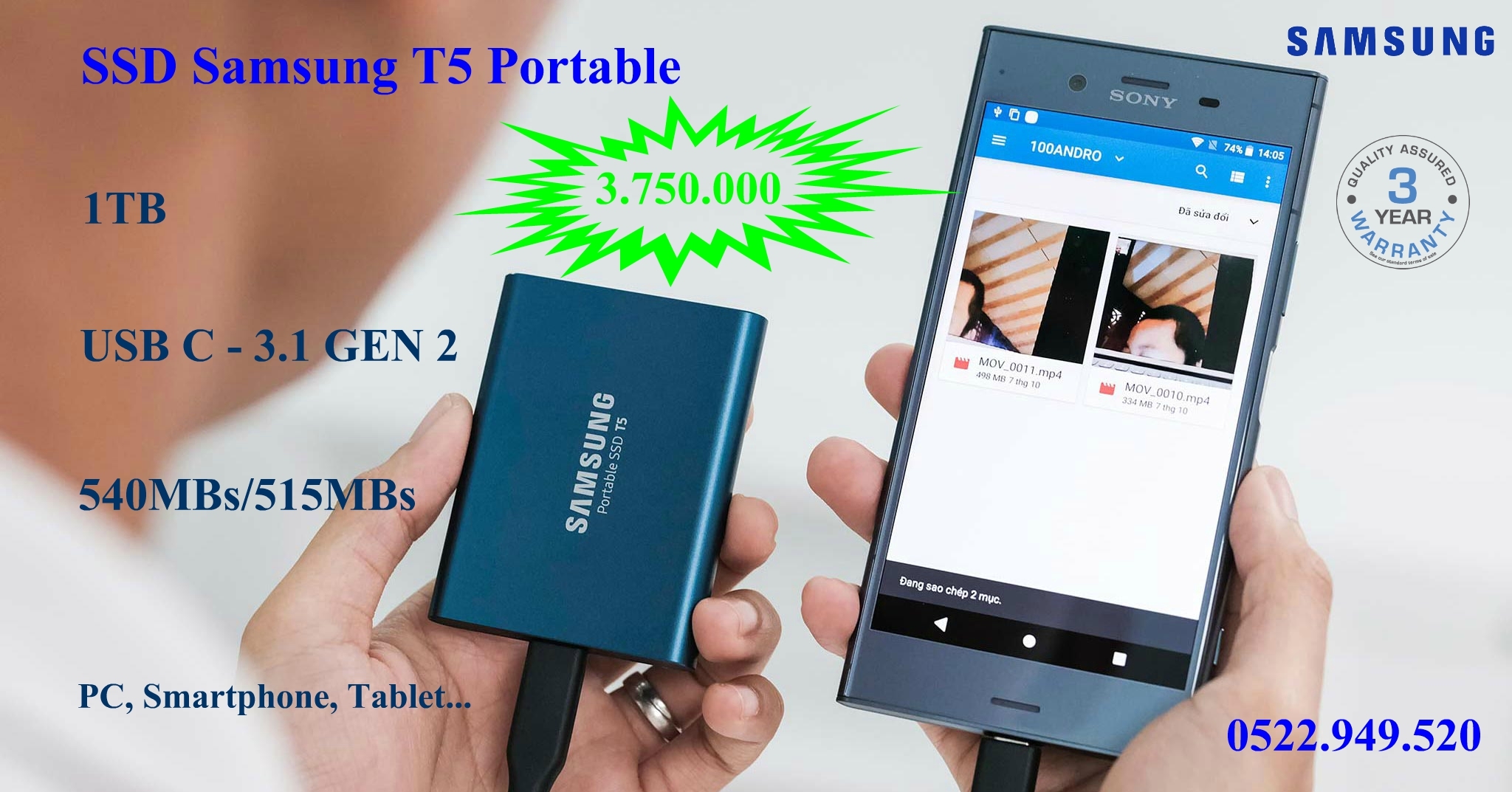 Ổ CỨNG DI ĐỘNG SSD SAMSUNG T5 1TB USB TYPE - C 3.1 GEN 2